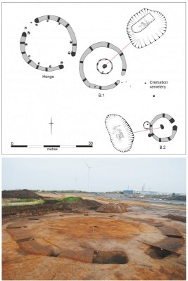 Figure 6. King’s Dyke West, Whittlesey monument complex (top; after Knight & Brudenell 2016); below, Must Farm Terrace, Neolithic oval barrow (photograph, D. Webb).